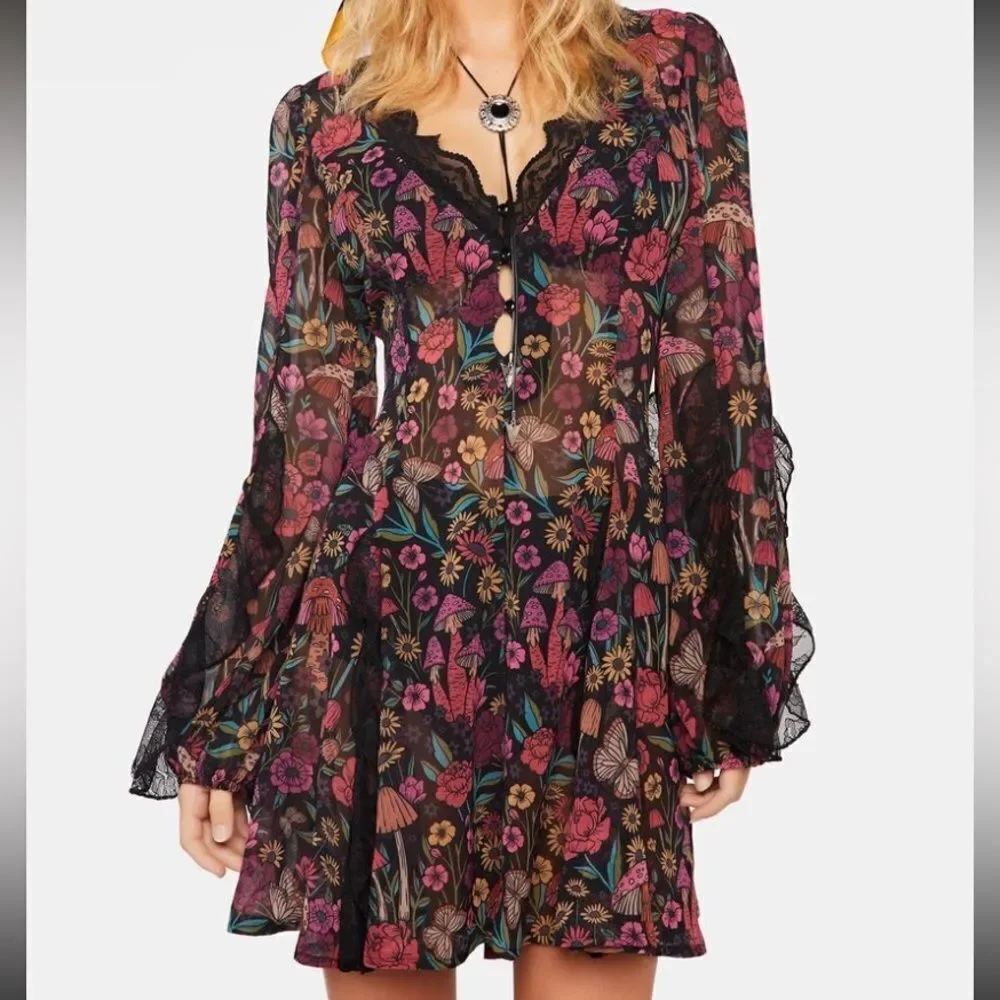 Dolls Kill Brand Current Mood Daydreamer Floral & Mushroom Print Mini Dress 🍄 - Picture 2 of 6